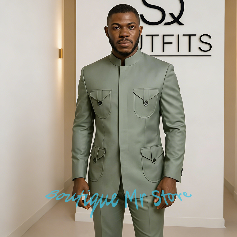 Men Formal Wear Green - Olive Green Mandarin Collar Men's Suits