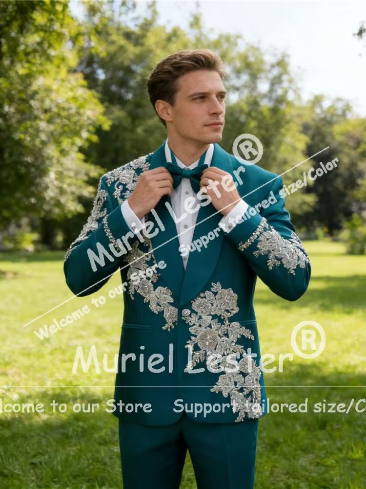 Men Formal Wear Green - Exclusive Green Suit Men Beaded Stones
