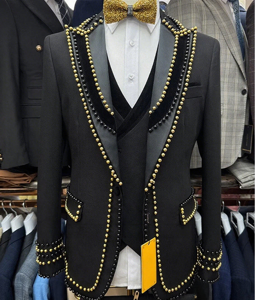 Formal Wear For Men Black Suit - Temperament Men's 3-Piece Beaded Suit Set