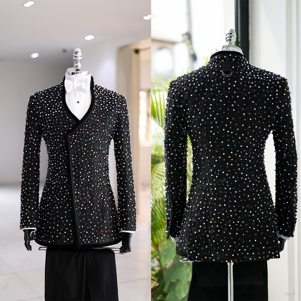 Formal Wear For Men Black Suit - Colorful Crystals Men Suits Set 2