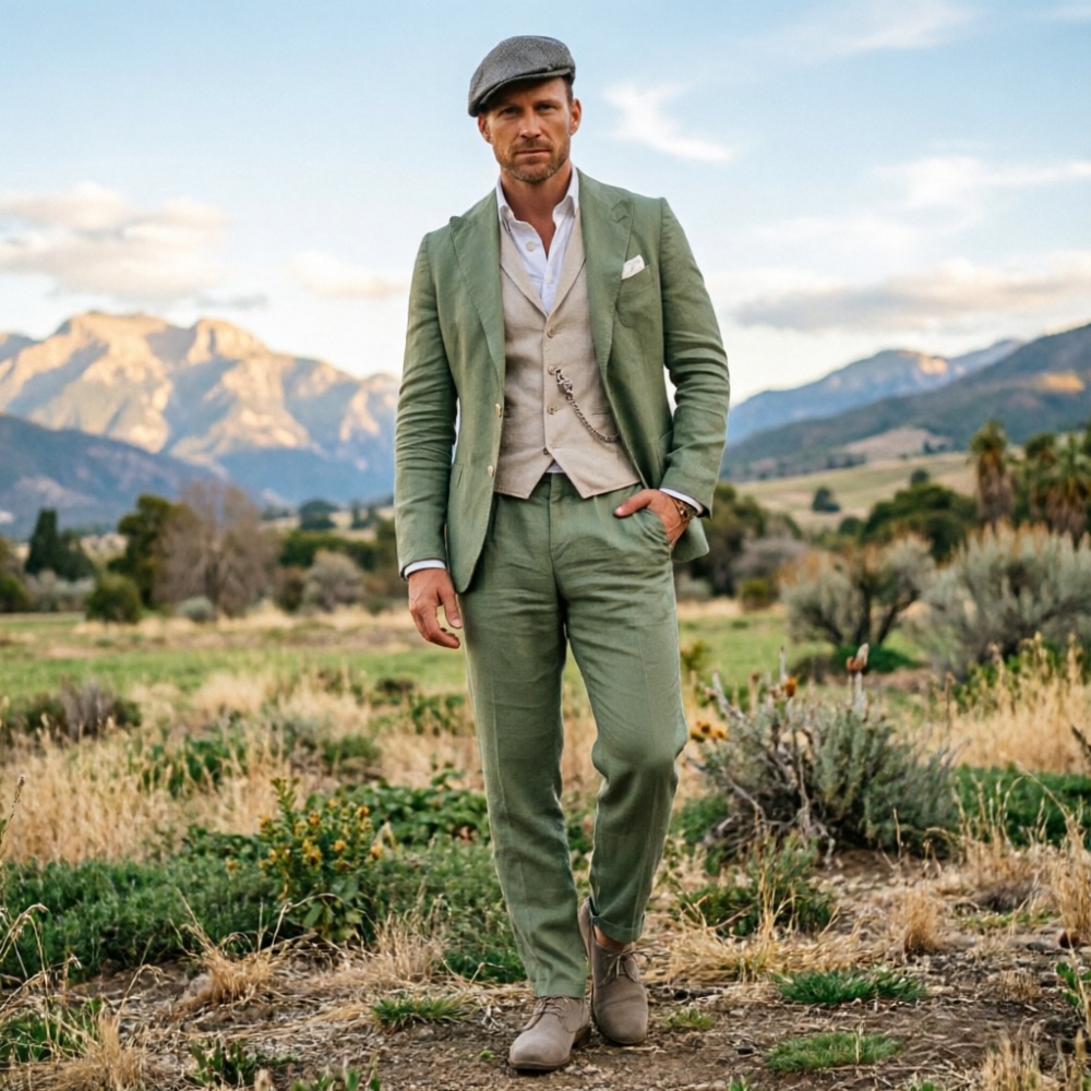 Sage Green Linen Men 3 Piece S - Men Formal Wear Green recensie en prijs